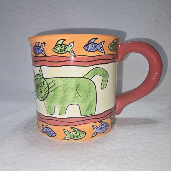 Cardinal Hand Painted Mug Colorful Artsy Cat And Fish EUC - Picture 2 of 7